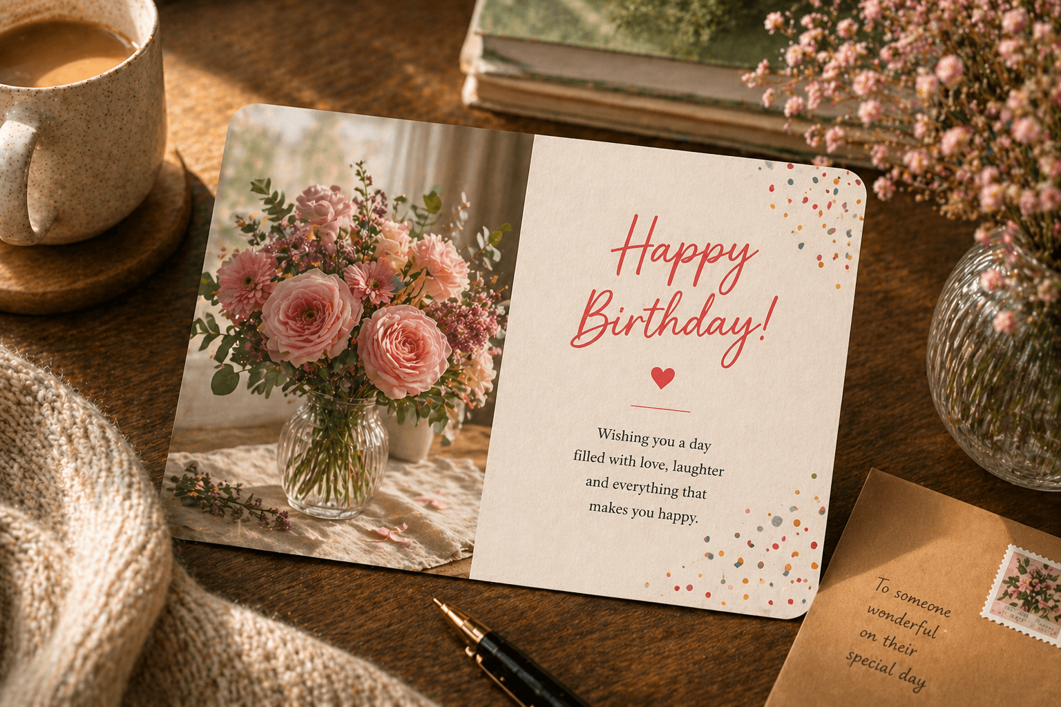A printed birthday card on a soft, warm surface