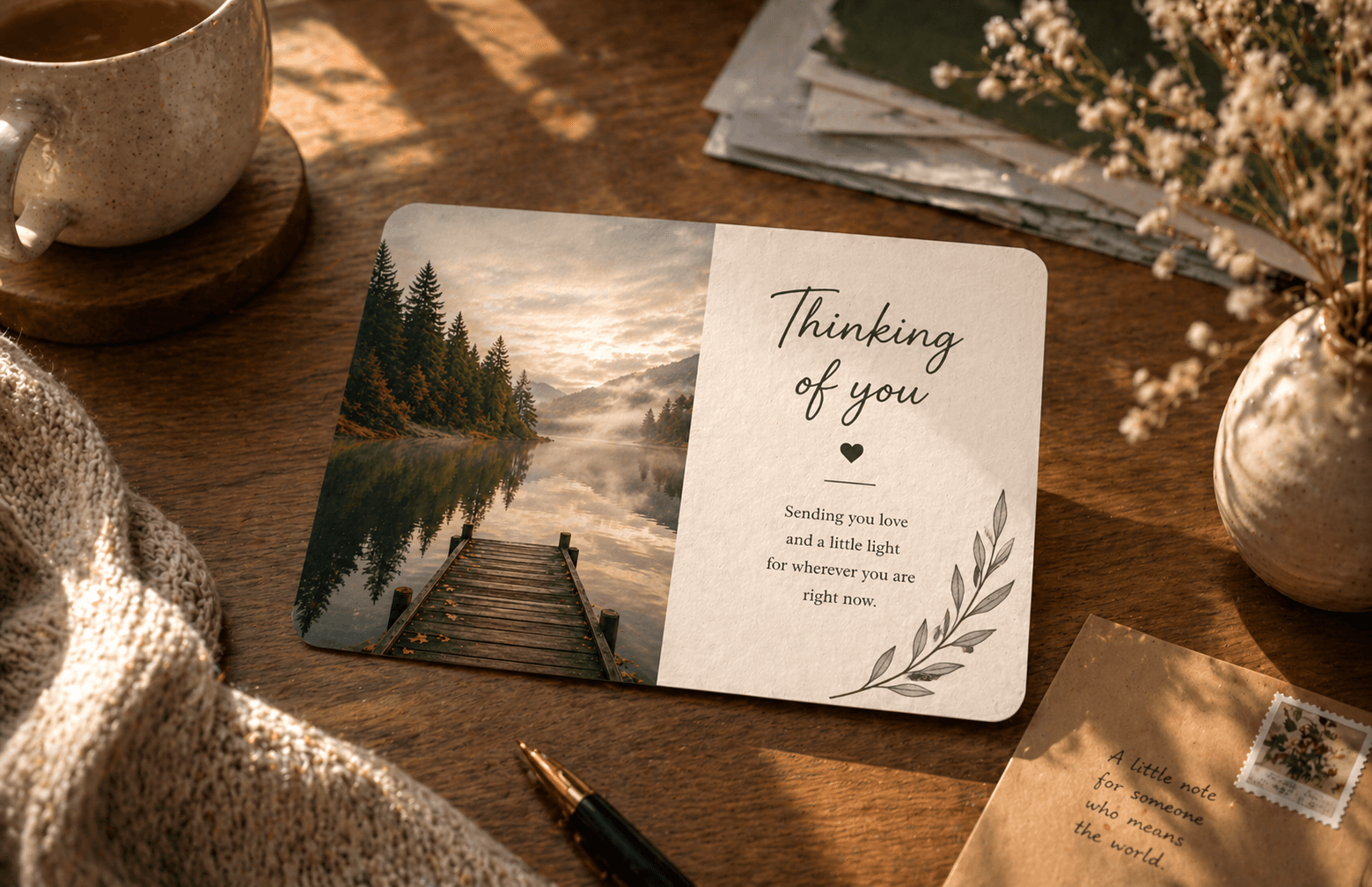 A Mailamoment card resting on linen, ready to send